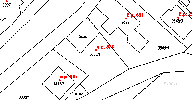 Jablunkov 573 na parcele st. 3836/1 v KÚ Jablunkov, Katastrální mapa
