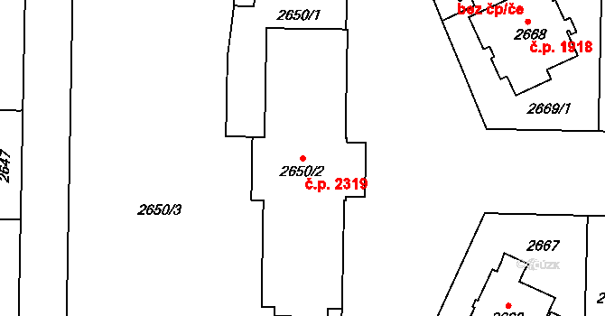 Smíchov 2319, Praha na parcele st. 2650/2 v KÚ Smíchov, Katastrální mapa