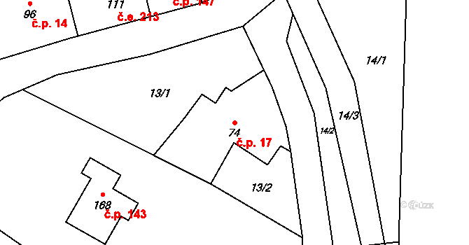 Žireč 17, Dvůr Králové nad Labem na parcele st. 74 v KÚ Žireč Městys, Katastrální mapa