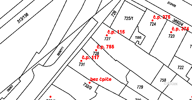 Vyškov-Předměstí 755, Vyškov na parcele st. 728 v KÚ Vyškov, Katastrální mapa