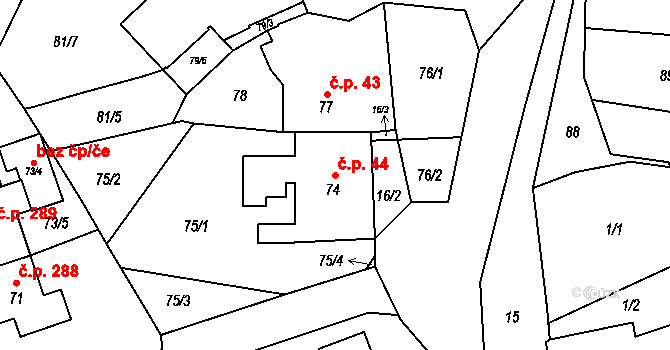 Týn 44, Lomnice na parcele st. 74 v KÚ Týn u Lomnice, Katastrální mapa