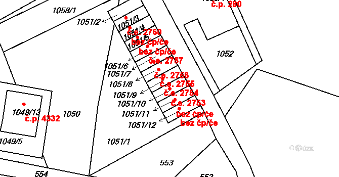 Vrkoslavice 2753, Jablonec nad Nisou na parcele st. 1051/10 v KÚ Vrkoslavice, Katastrální mapa