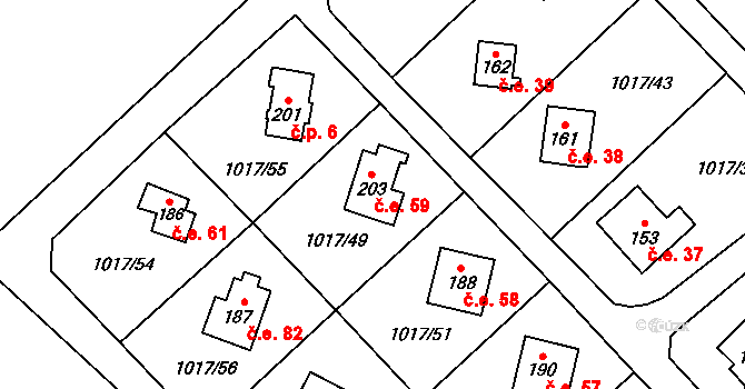 Kobylníky 59, Chotilsko na parcele st. 203 v KÚ Prostřední Lhota, Katastrální mapa