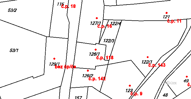 Prčice 118, Sedlec-Prčice na parcele st. 126/1 v KÚ Prčice, Katastrální mapa