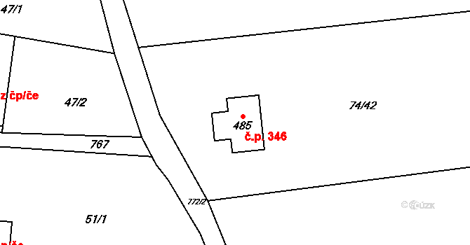 Broumy 346 na parcele st. 485 v KÚ Broumy, Katastrální mapa