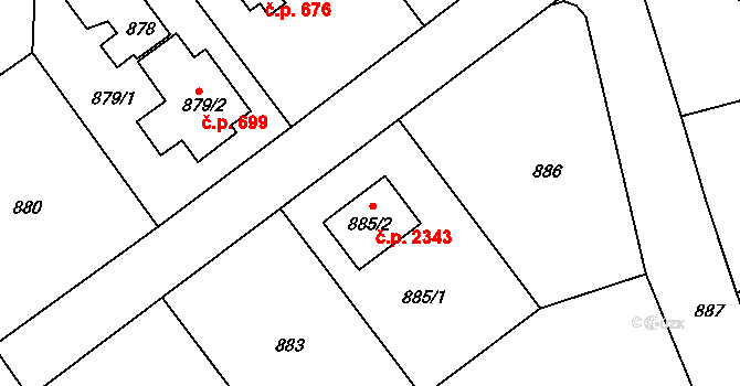Roztoky 2343 na parcele st. 885/2 v KÚ Roztoky u Prahy, Katastrální mapa