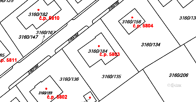 Chomutov 5803 na parcele st. 3160/184 v KÚ Chomutov II, Katastrální mapa