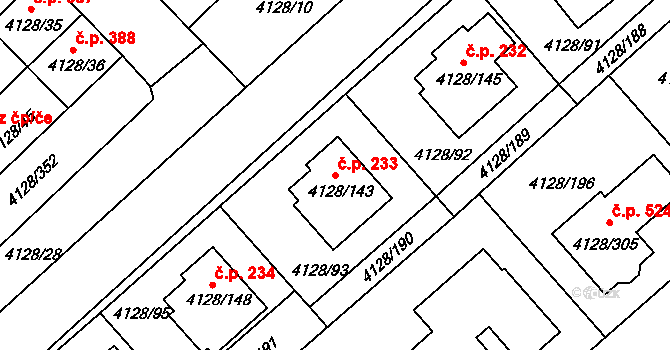 Choceňské Předměstí 233, Vysoké Mýto na parcele st. 4128/143 v KÚ Vysoké Mýto, Katastrální mapa