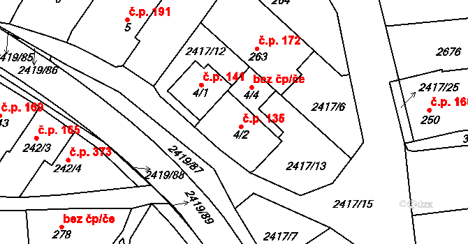 Klenčí pod Čerchovem 135 na parcele st. 4/2 v KÚ Klenčí pod Čerchovem, Katastrální mapa