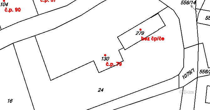 Podmokly 79 na parcele st. 130 v KÚ Podmokly nad Berounkou, Katastrální mapa