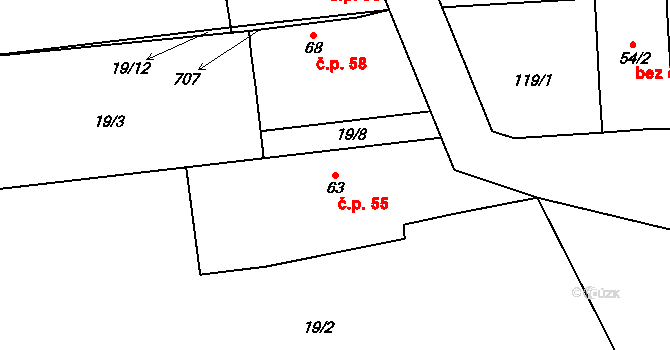 Rožnov 55 na parcele st. 63 v KÚ Rožnov, Katastrální mapa
