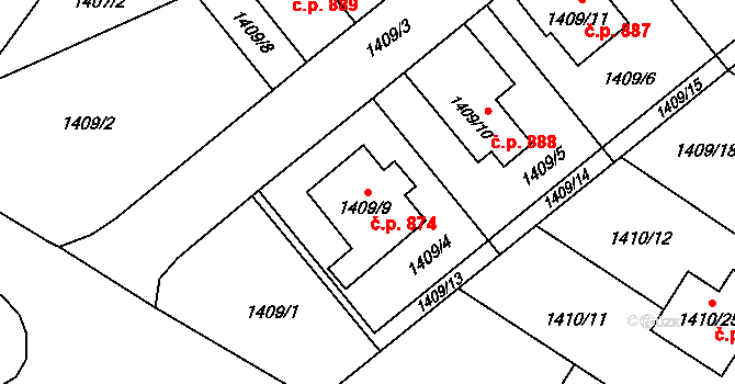Hronov 874 na parcele st. 1409/9 v KÚ Hronov, Katastrální mapa