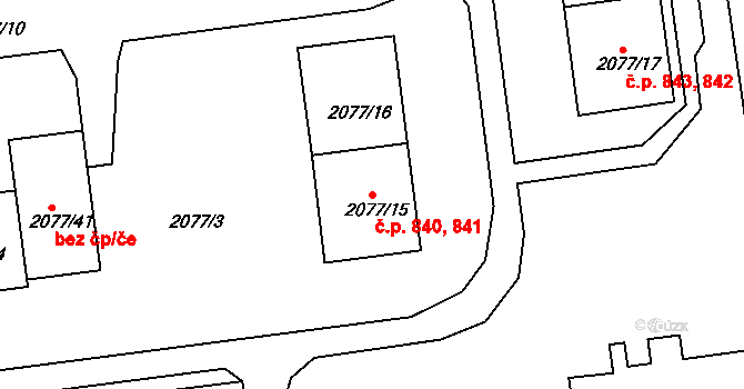 Třemošná 840,841 na parcele st. 2077/15 v KÚ Třemošná, Katastrální mapa