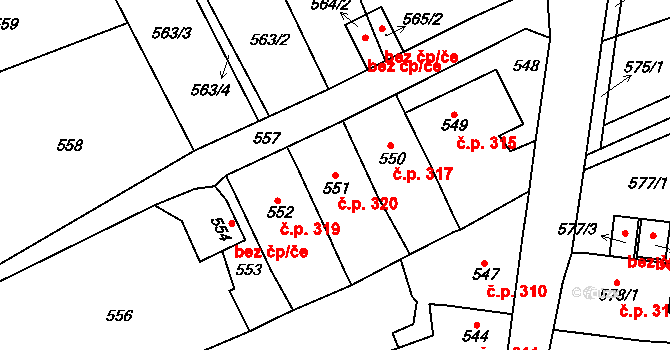Újezd 320, Trmice na parcele st. 551 v KÚ Koštov, Katastrální mapa