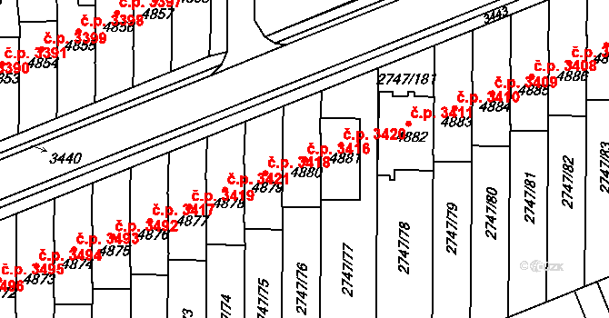 Kroměříž 3416 na parcele st. 4880 v KÚ Kroměříž, Katastrální mapa