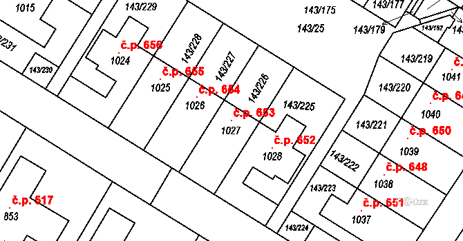 Strančice 653 na parcele st. 1027 v KÚ Strančice, Katastrální mapa