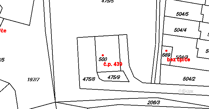 Kamenice 439 na parcele st. 500 v KÚ Kamenice u Jihlavy, Katastrální mapa