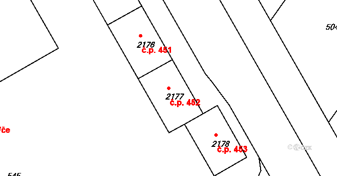 Lyžbice 452, Třinec na parcele st. 2177 v KÚ Lyžbice, Katastrální mapa