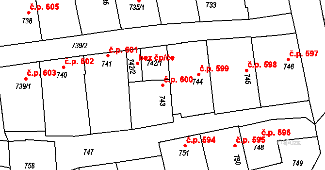 Bzenec 600 na parcele st. 743 v KÚ Bzenec, Katastrální mapa