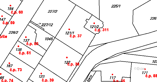 Humny 37, Pchery na parcele st. 121/1 v KÚ Pchery, Katastrální mapa