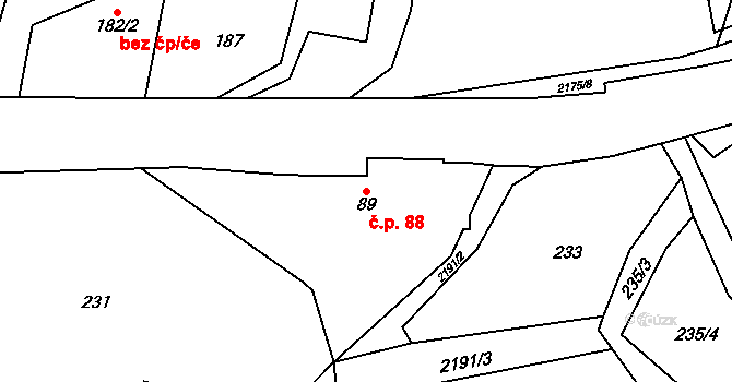 Radeč 88, Úpice na parcele st. 89 v KÚ Radeč, Katastrální mapa