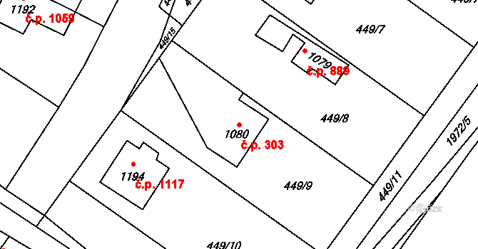 Třebechovice pod Orebem 303 na parcele st. 1080 v KÚ Třebechovice pod Orebem, Katastrální mapa