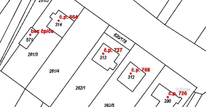 Chvalčov 727 na parcele st. 313 v KÚ Chvalčova Lhota, Katastrální mapa