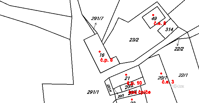 Rtišovice 8, Milín na parcele st. 16 v KÚ Rtišovice, Katastrální mapa