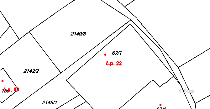 Zvíkov 22 na parcele st. 67/1 v KÚ Zvíkov u Lišova, Katastrální mapa
