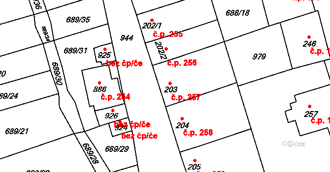 Hrotovice 257 na parcele st. 203 v KÚ Hrotovice, Katastrální mapa