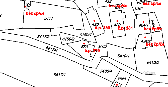 Halenkov 279 na parcele st. 553 v KÚ Halenkov, Katastrální mapa