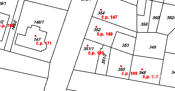 Bohnice 110, Praha na parcele st. 351/1 v KÚ Bohnice, Katastrální mapa