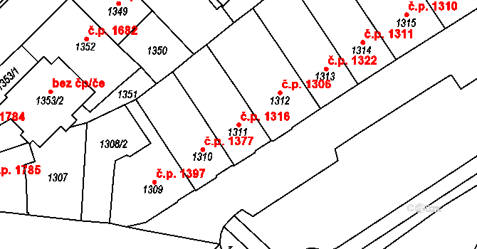Chomutov 1316 na parcele st. 1311 v KÚ Chomutov I, Katastrální mapa