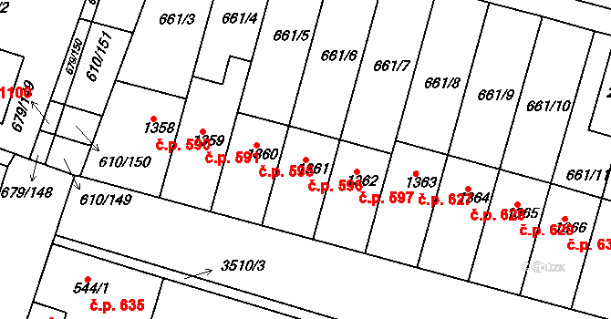 Rosice 596 na parcele st. 1361 v KÚ Rosice u Brna, Katastrální mapa