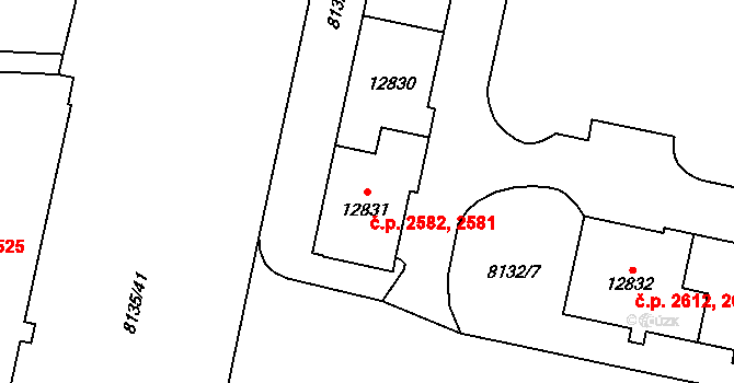Jižní Předměstí 2581,2582, Plzeň na parcele st. 12831 v KÚ Plzeň, Katastrální mapa