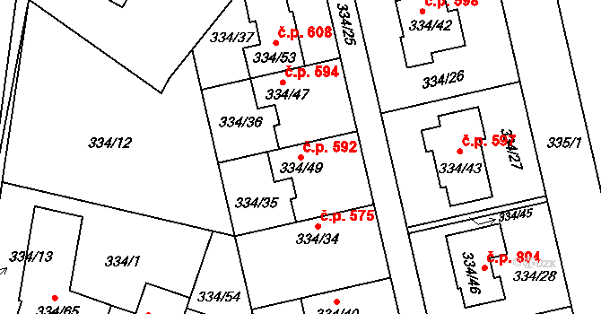Kunovice 592 na parcele st. 334/49 v KÚ Kunovice u Uherského Hradiště, Katastrální mapa