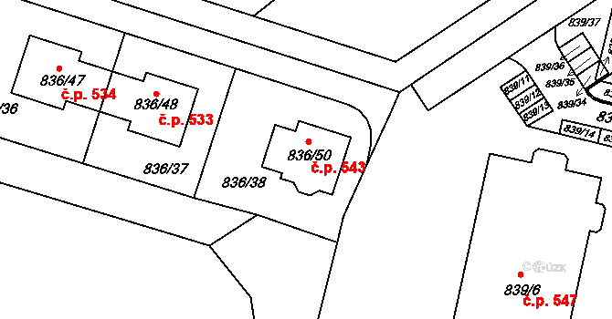 Zruč 543, Zruč-Senec na parcele st. 836/50 v KÚ Zruč, Katastrální mapa