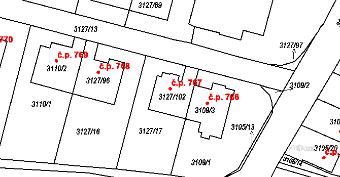 Bystřice nad Pernštejnem 767 na parcele st. 3127/102 v KÚ Bystřice nad Pernštejnem, Katastrální mapa