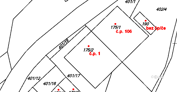 Lutonina 1 na parcele st. 175/2 v KÚ Lutonina, Katastrální mapa