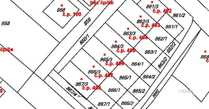 Slušovice 496 na parcele st. 865/3 v KÚ Slušovice, Katastrální mapa