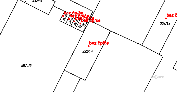Hrušovany nad Jevišovkou 40970744 na parcele st. 332/14 v KÚ Hrušovany nad Jevišovkou, Katastrální mapa