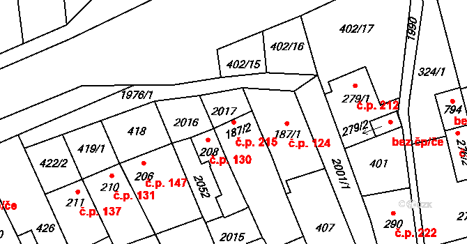 Louky 215, Zlín na parcele st. 187/2 v KÚ Louky nad Dřevnicí, Katastrální mapa