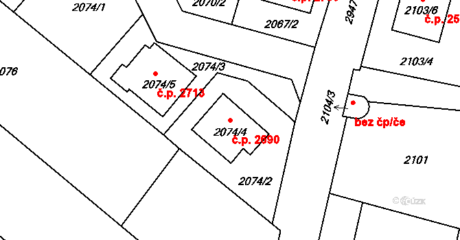 Předměstí 2690, Opava na parcele st. 2074/4 v KÚ Opava-Předměstí, Katastrální mapa
