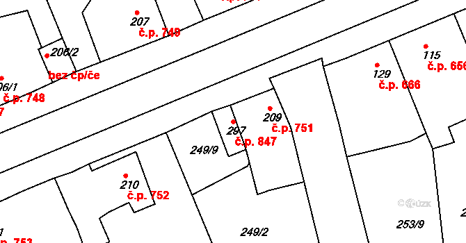 Rudná 847 na parcele st. 297 v KÚ Hořelice, Katastrální mapa