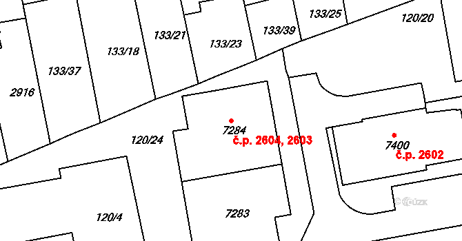 Zelené Předměstí 2603,2604, Pardubice na parcele st. 7283 v KÚ Pardubice, Katastrální mapa