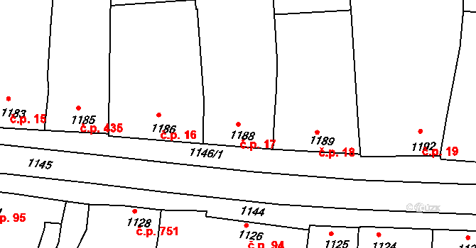 Klobouky u Brna 17 na parcele st. 1188 v KÚ Klobouky u Brna, Katastrální mapa