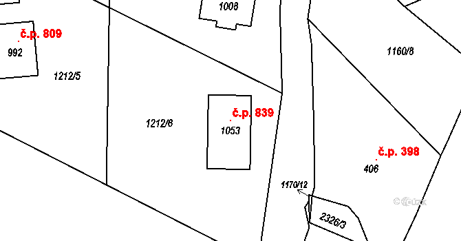 Bublava 839 na parcele st. 1053 v KÚ Bublava, Katastrální mapa