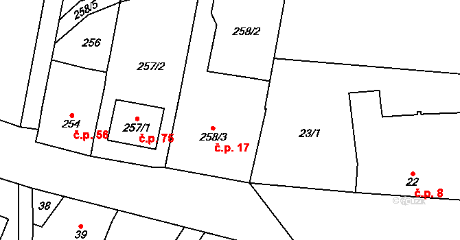 Lutotín 17, Bílovice-Lutotín na parcele st. 258/3 v KÚ Lutotín, Katastrální mapa