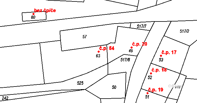 Páleček 54, Klobuky na parcele st. 63 v KÚ Páleček, Katastrální mapa