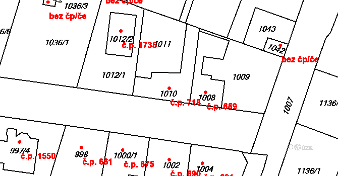 Švermov 718, Kladno na parcele st. 1010 v KÚ Motyčín, Katastrální mapa